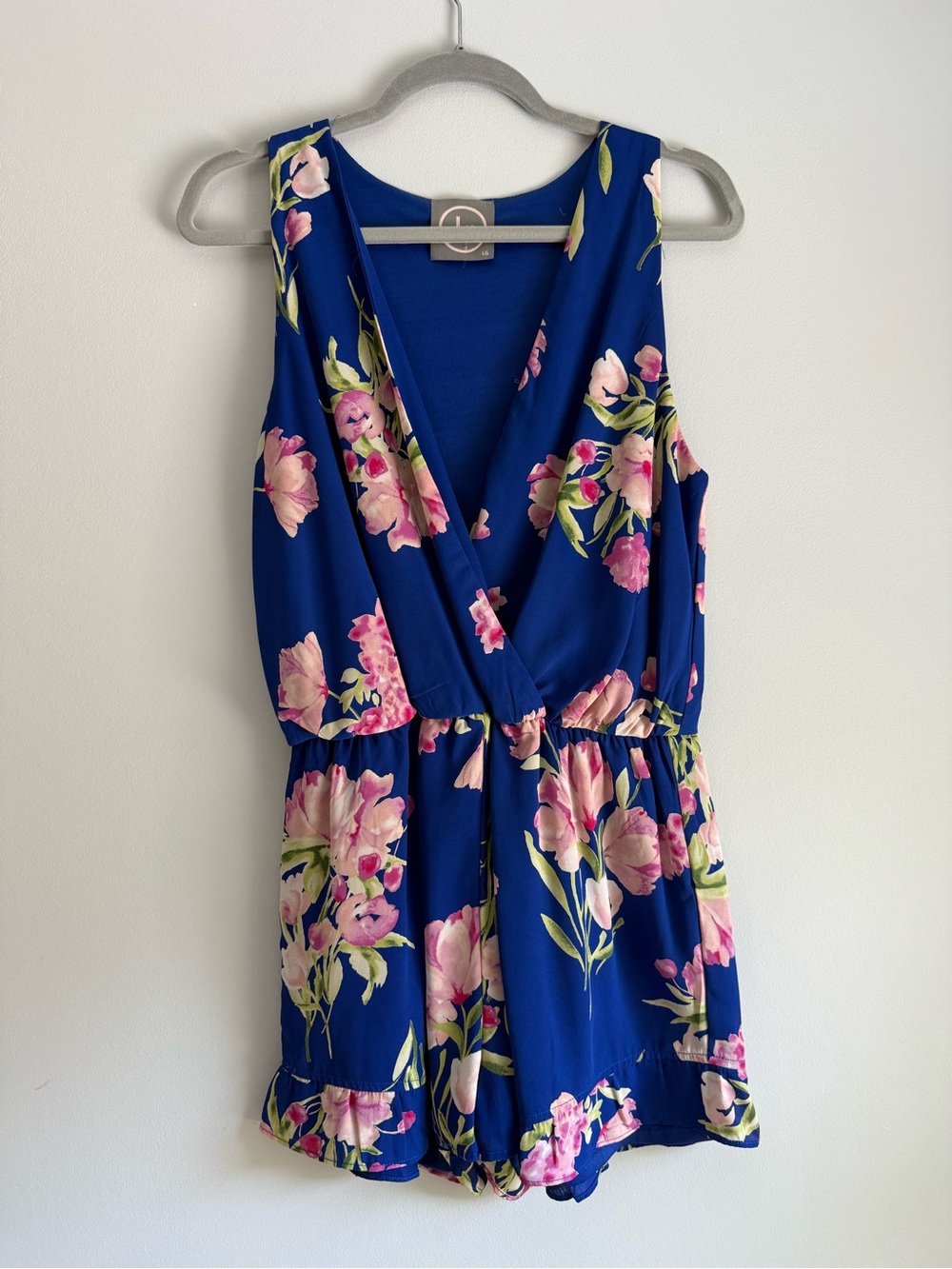 Royal Blue Floral Romper with Pink and Green Accents